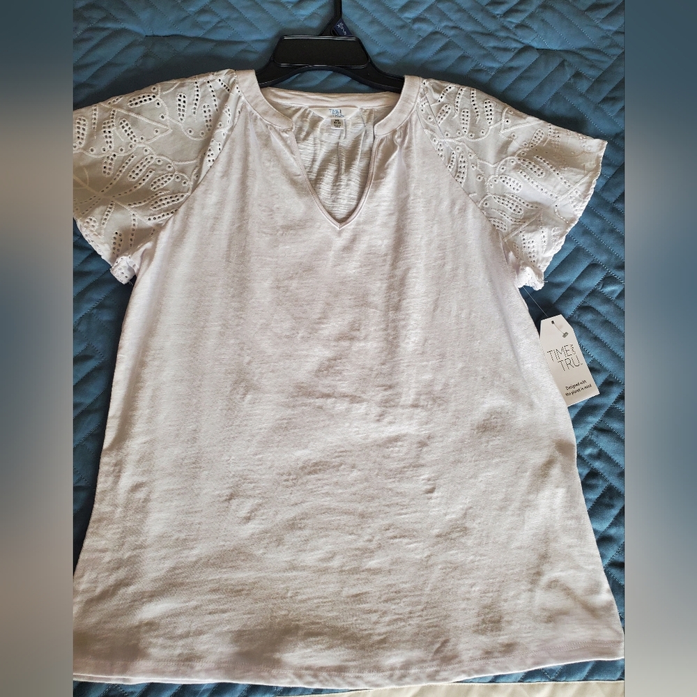 Time and Tru White Blouse with Lace Sleeves